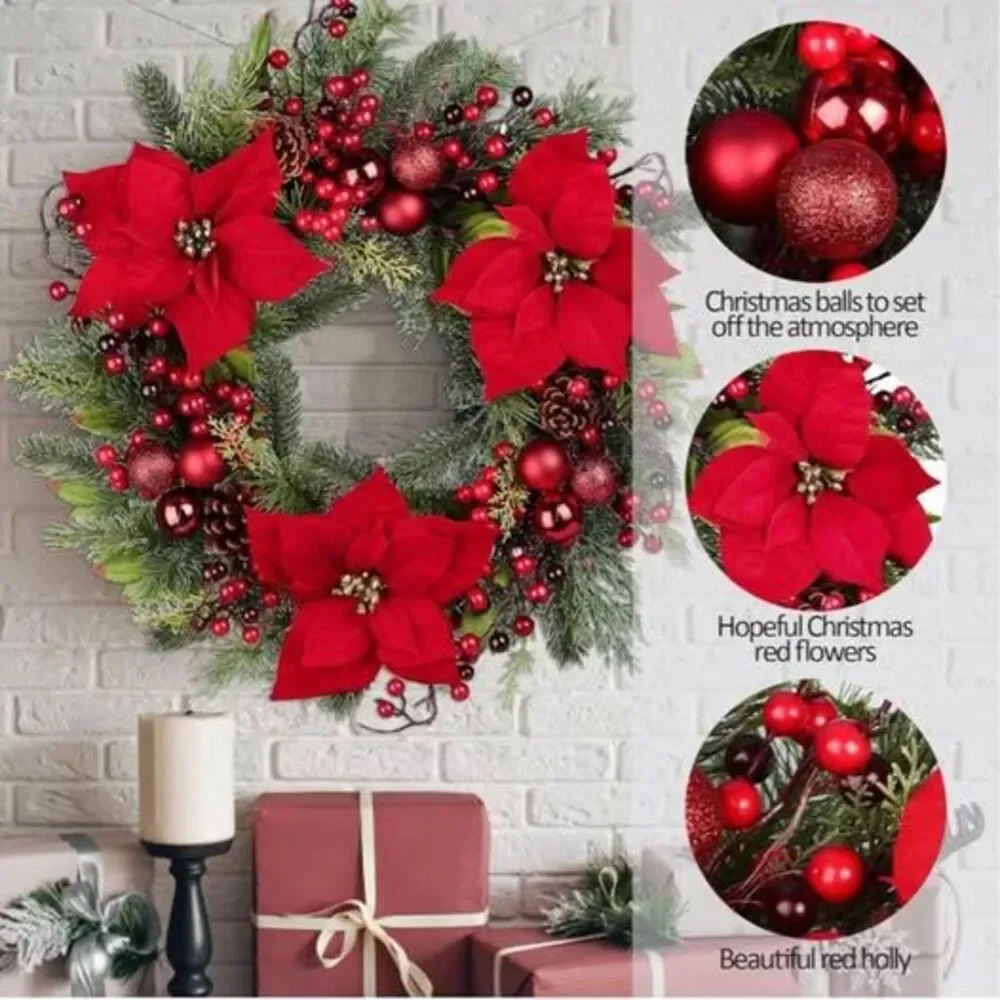 Chrisxiao Christmas Wreath, Front Door Artificial Christmas Wreath Decorated wit